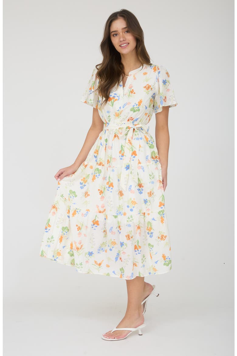 Flutter Sleeve Midi Dress, Alternate, color, IVORY MULTI