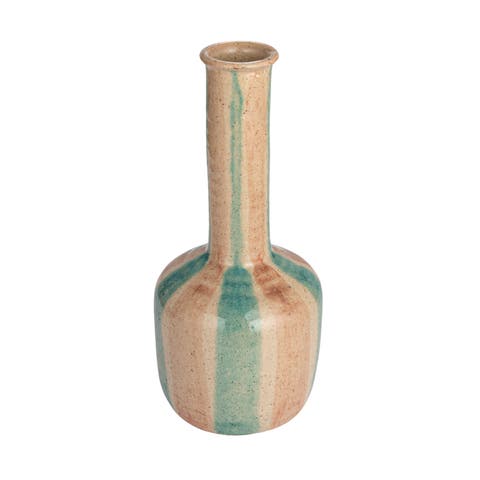 Hand-Painted Terra-cotta Vase with Tall Neck, Crackle Glaze