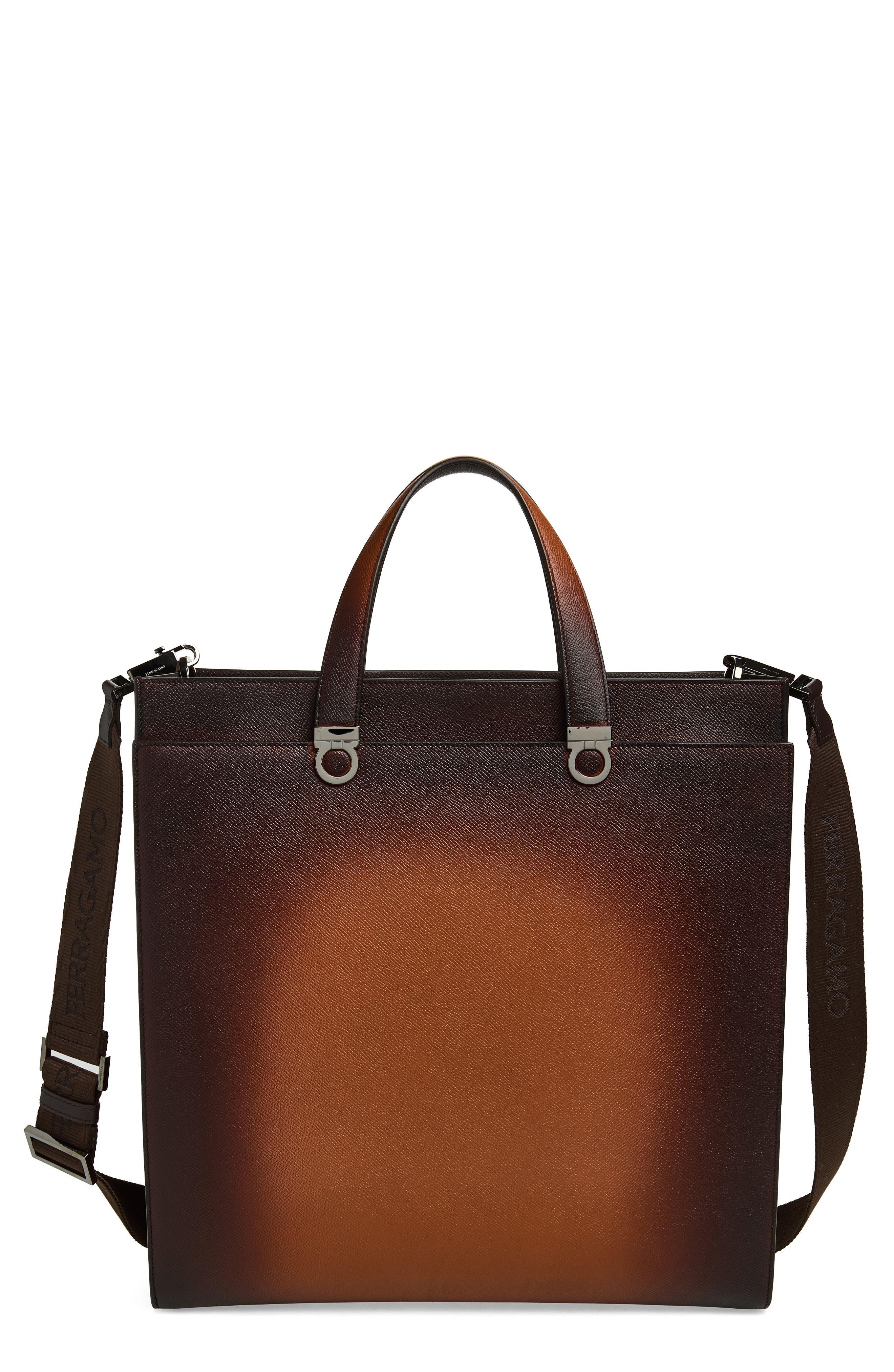 FERRAGAMO Trading Gancio Leather Tote, Main, color, New Cognac Testa Di Moro Dark