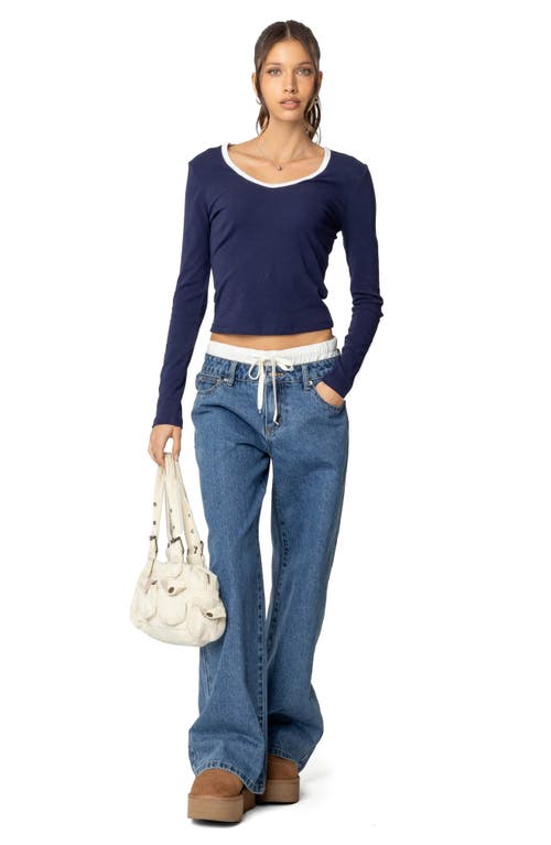 Edikted Contrast Trim Long Sleeve T-shirt In Navy