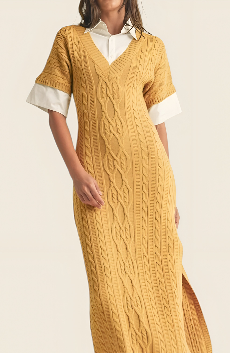 Modenaire Cable-Knit Maxi Dress with Side Slit, Alternate, color, Yellow