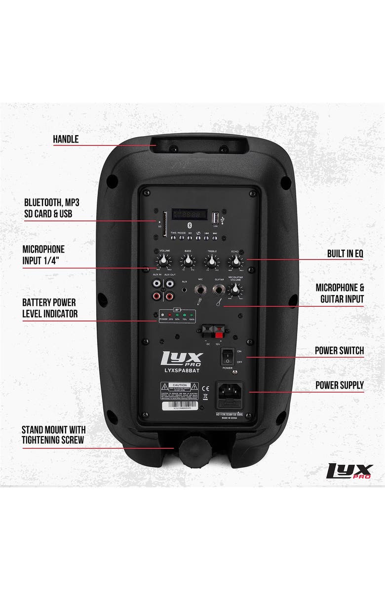Lyxpro Rechargeable Battery PA Speaker System with Equalizer, SD Slot, and Bluetooth, Alternate, color, Black