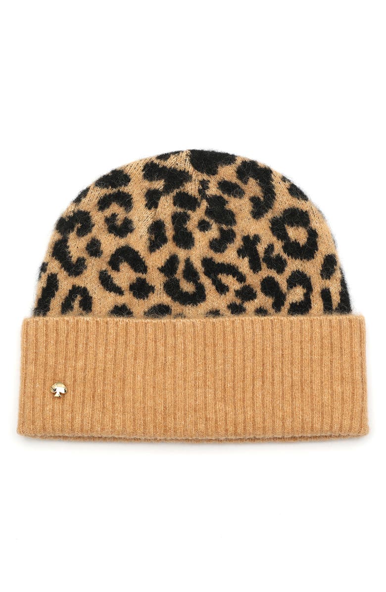 Kate Spade New York classic leopard cuff beanie, Main, color,