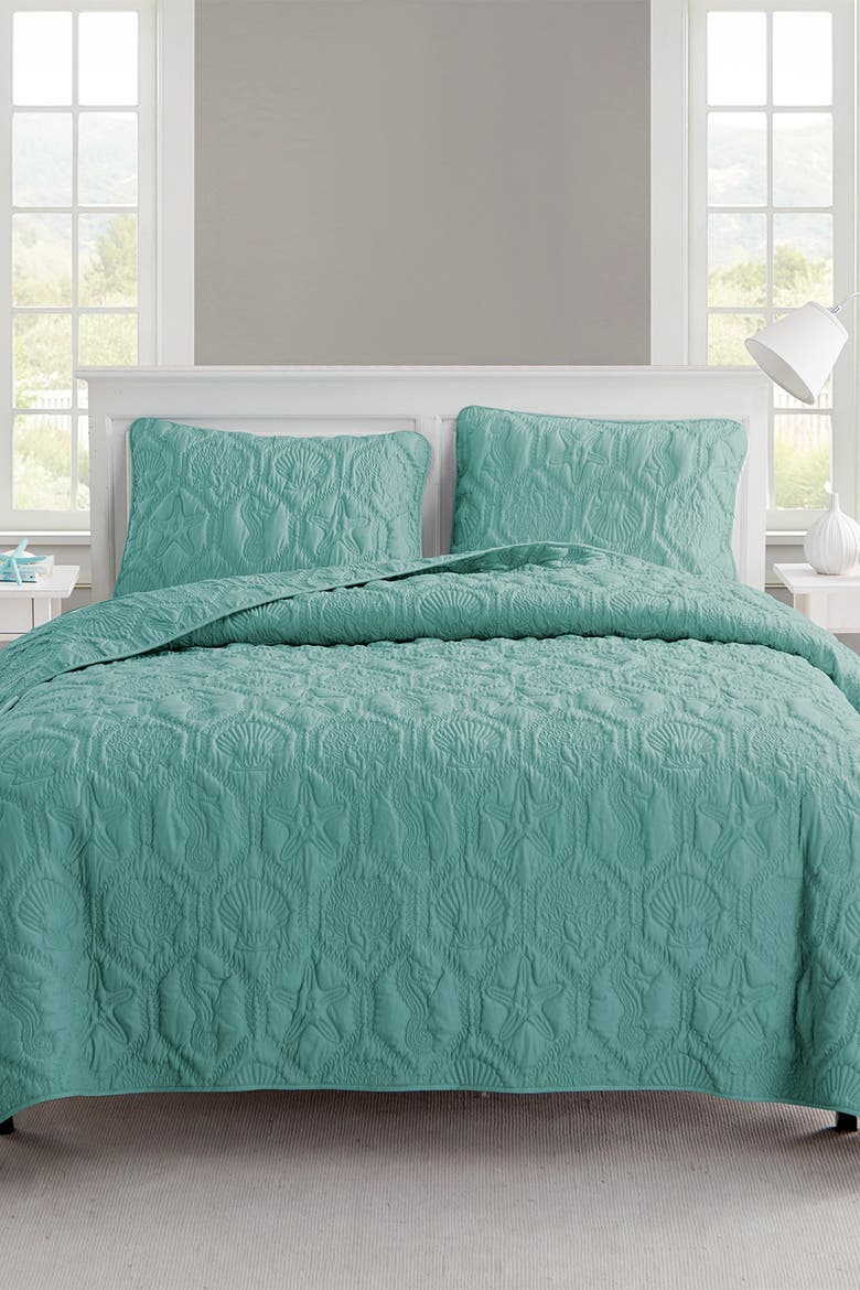 Shore Embossed Quilt Set - Queen, Alternate, color, BLUE