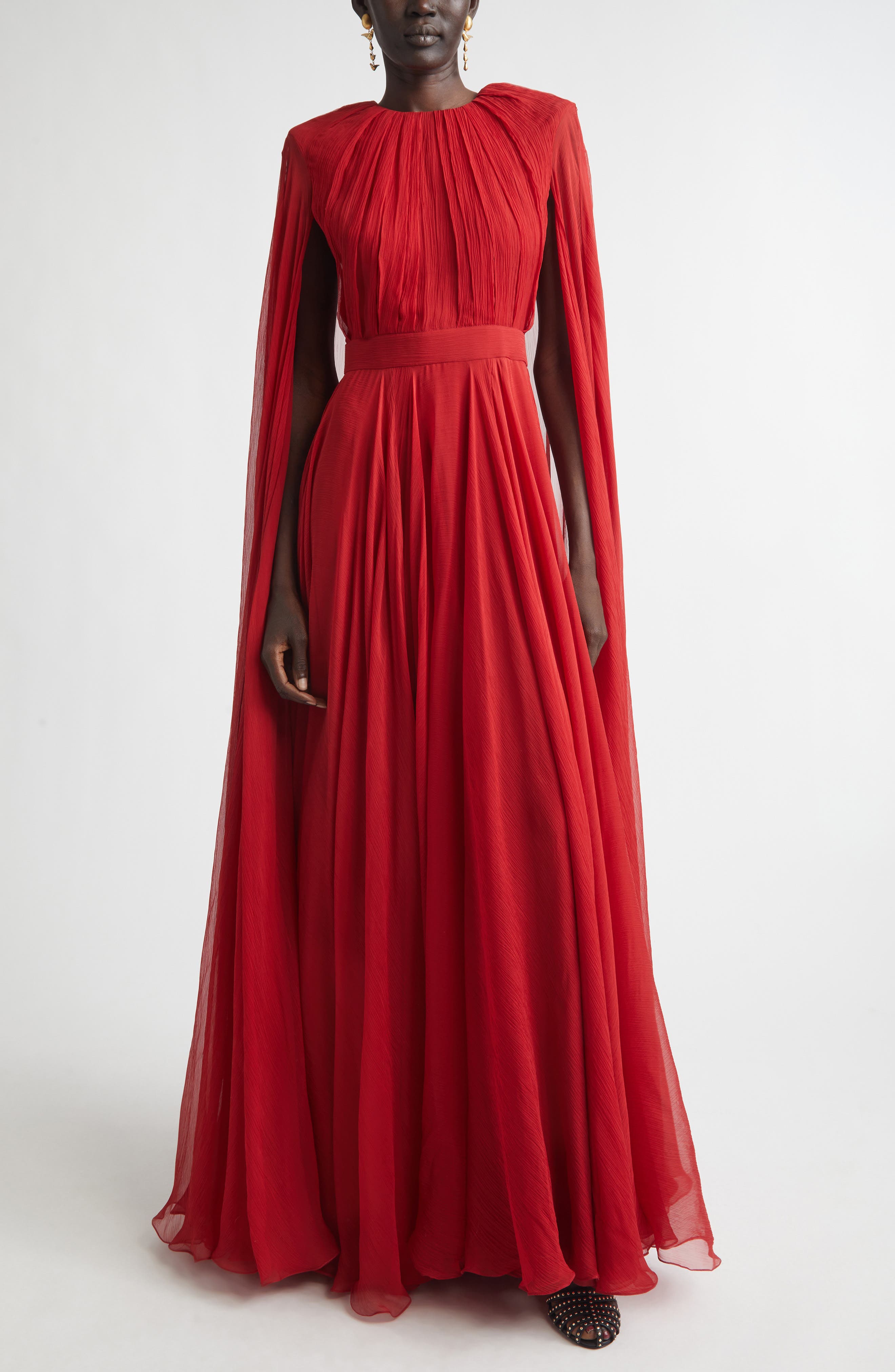 Long Sleeve Silk Crepon Cape Gown