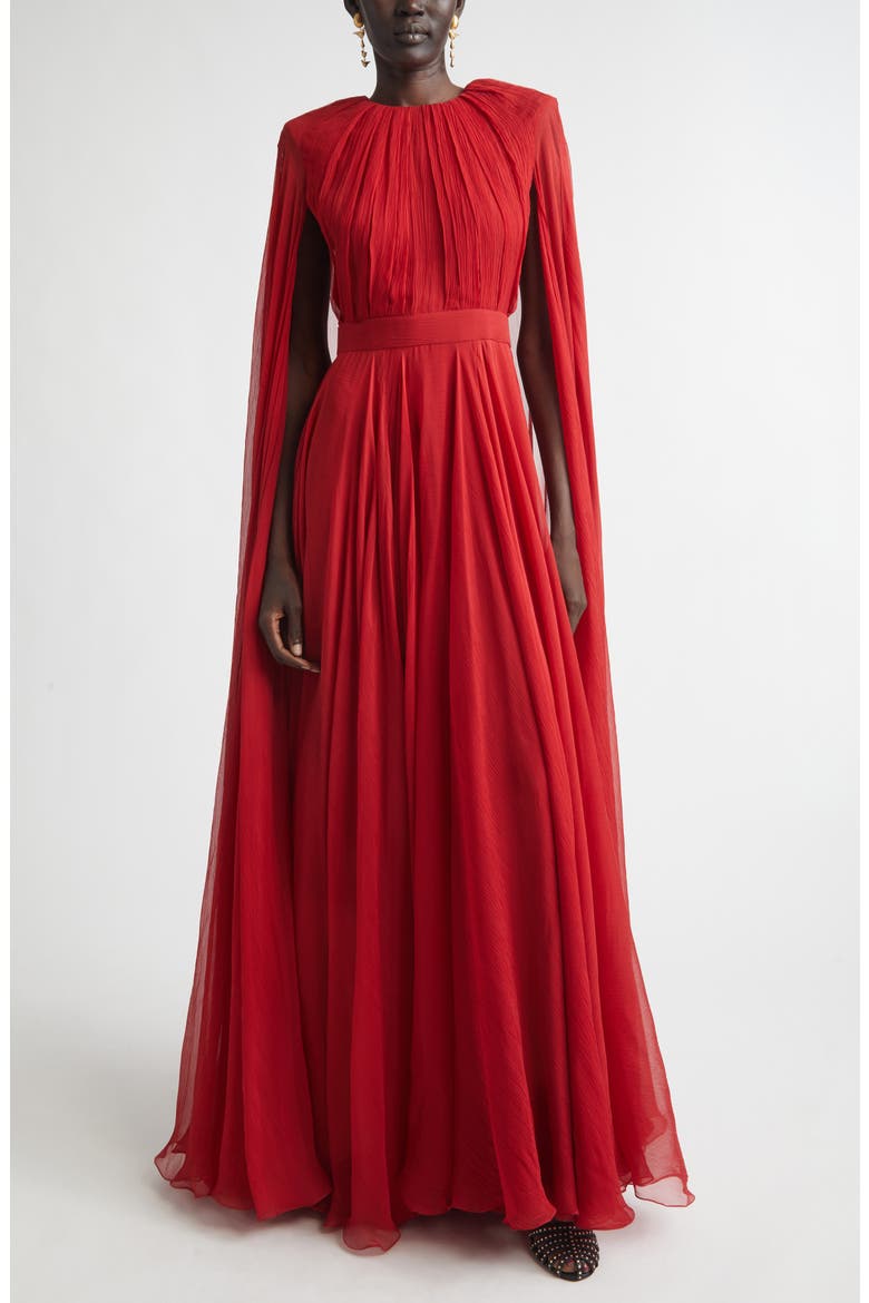 Long Sleeve Silk Crepon Cape Gown, Main, color, DARK RED