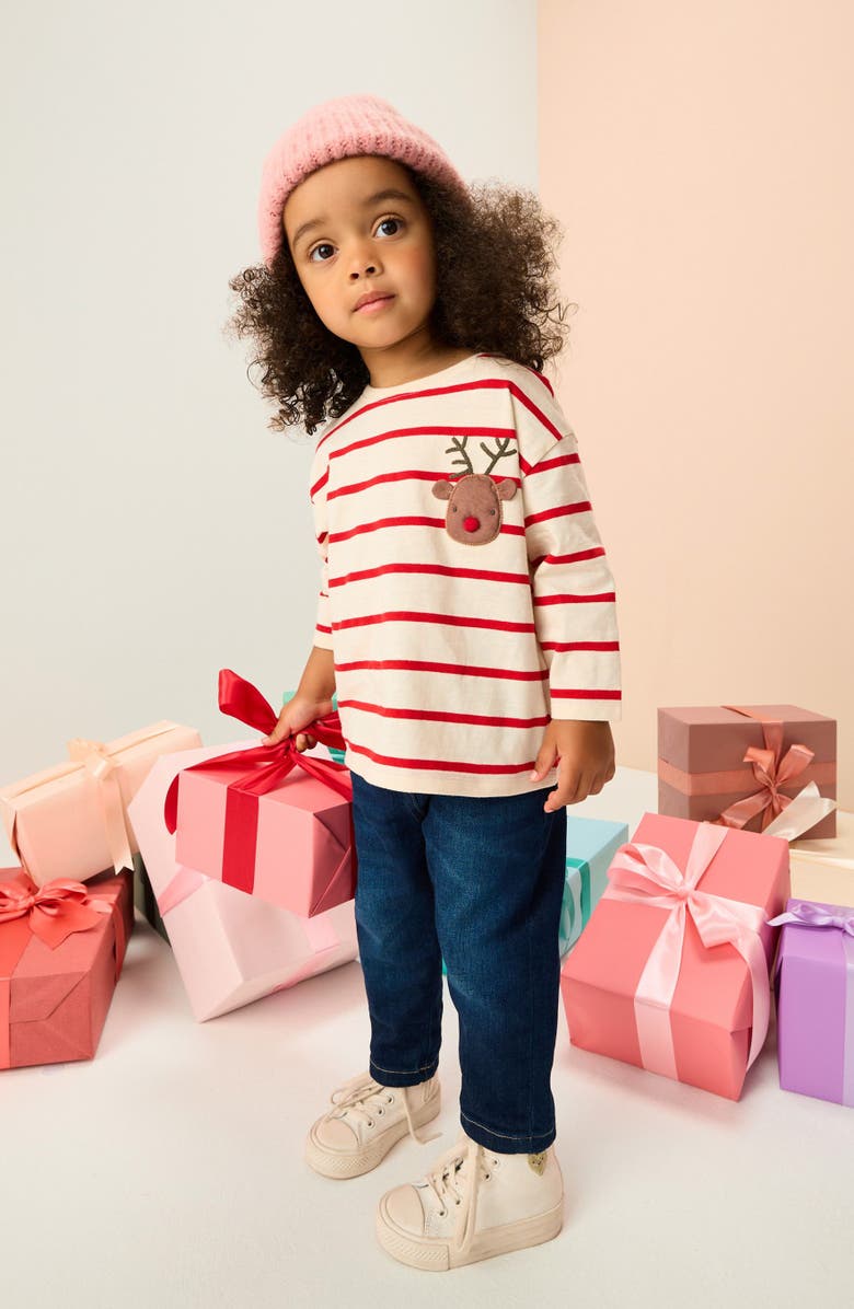 NEXT Kids' Long Sleeve Christmas Stripe Reindeer Appliqué T-Shirt, Alternate, color, Neutral