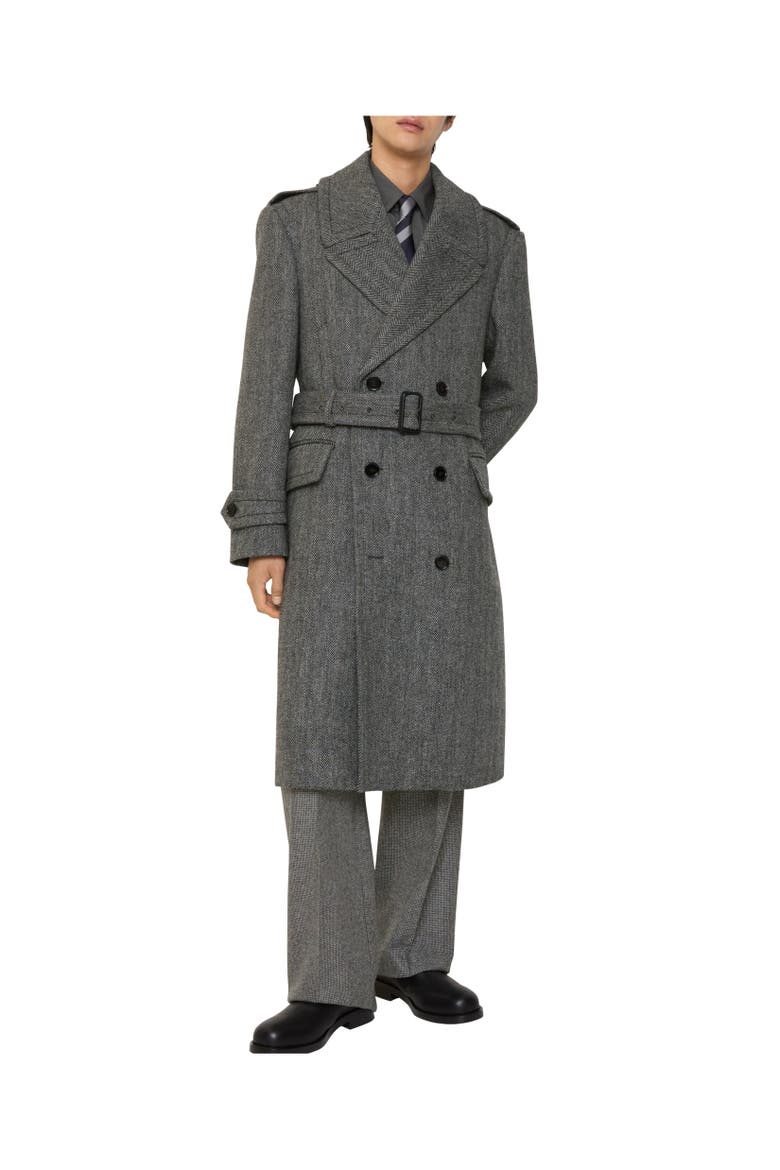 Long Herringbone Wool Trench Coat, Alternate, color, Coal grey/light thistle grey