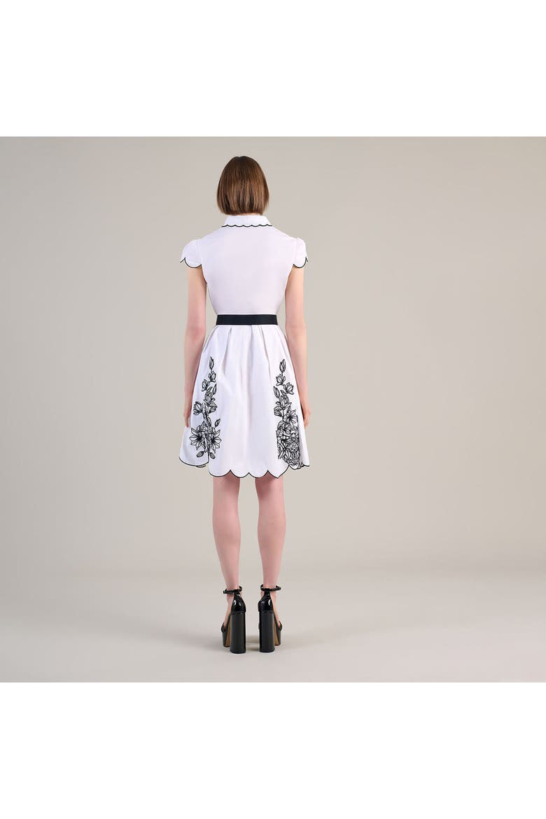 Women's Dress  Adelina White Poplin Shirt Dress With Black Embroidery Detailing, Scalloped Hem, Pockets & Removable Belt, Alternate, color, Black/White