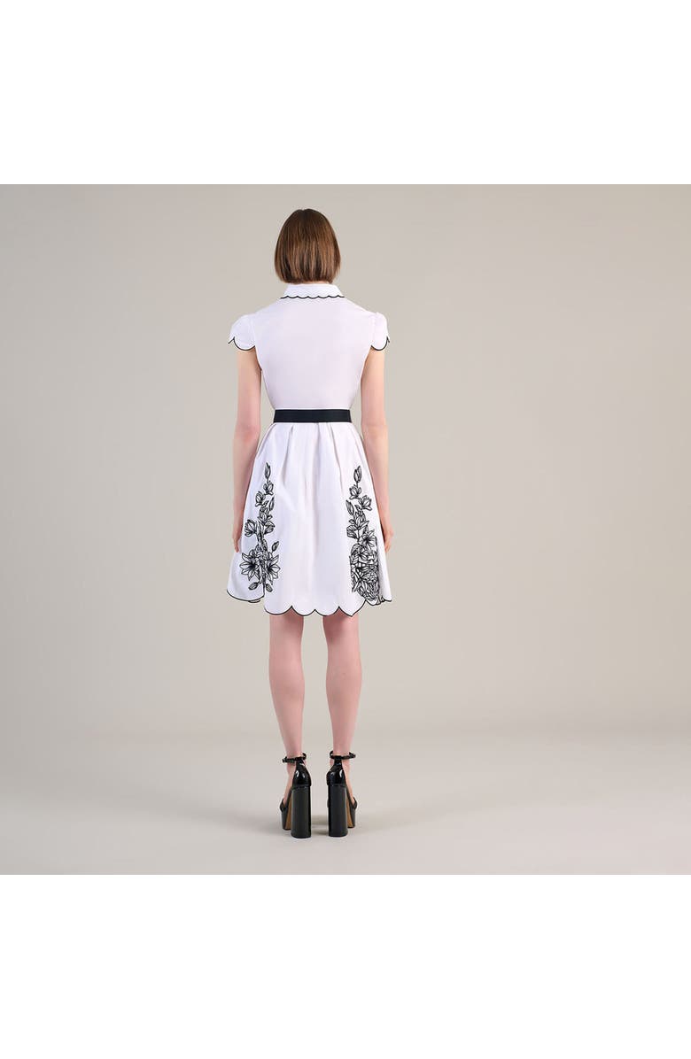 Anne Fontaine Women's Dress Adelina White Poplin Shirt Dress With Black Embroidery Detailing, Scalloped Hem, Pockets & Removable Belt, Alternate, color, Black/White