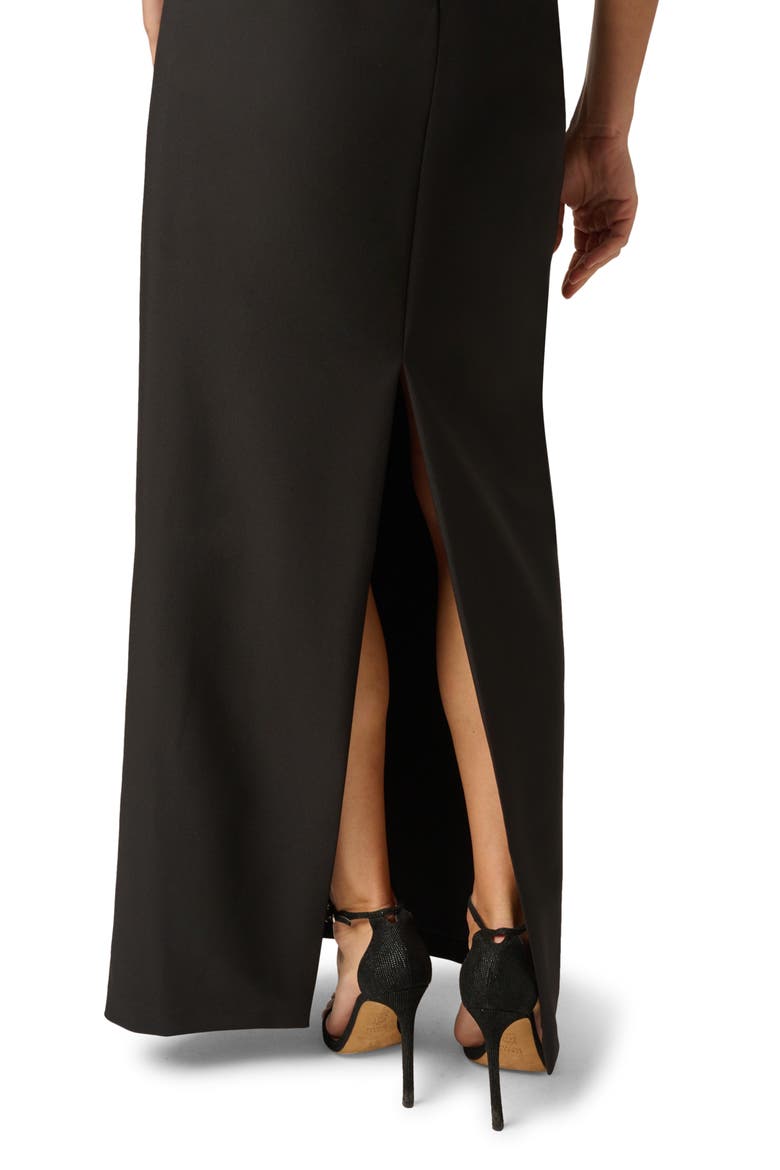 Plunge Neck Lace Trim Crepe Column Gown, Alternate, color, BLACK
