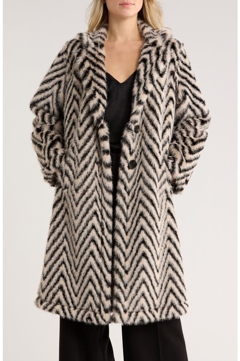 Chevron Faux Fur Coat, Main, color, IVORY/ LIGHT BEIGE/ BLACK