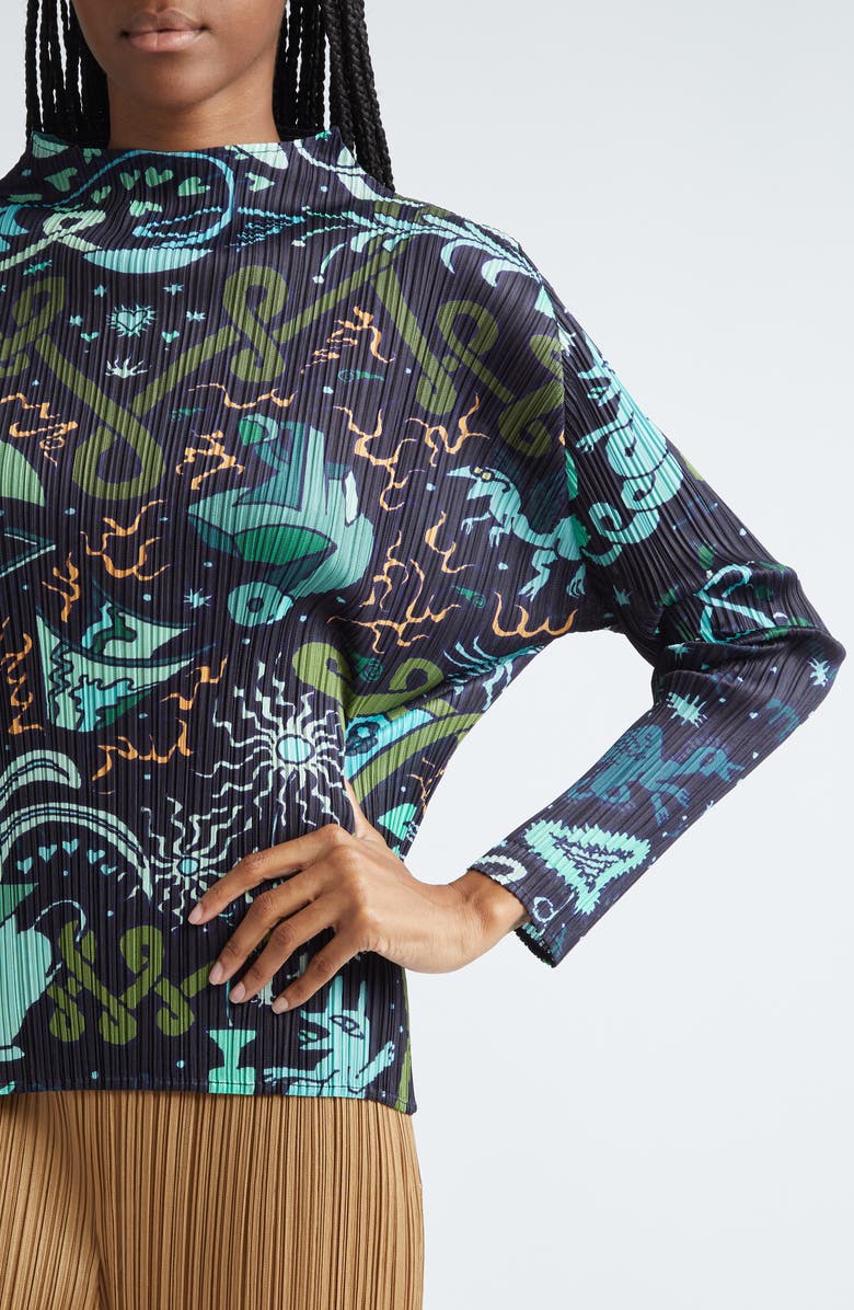 Pleats Please Issey Miyake Interplanetary Print Pleated Funnel Neck Top, Alternate, color, 