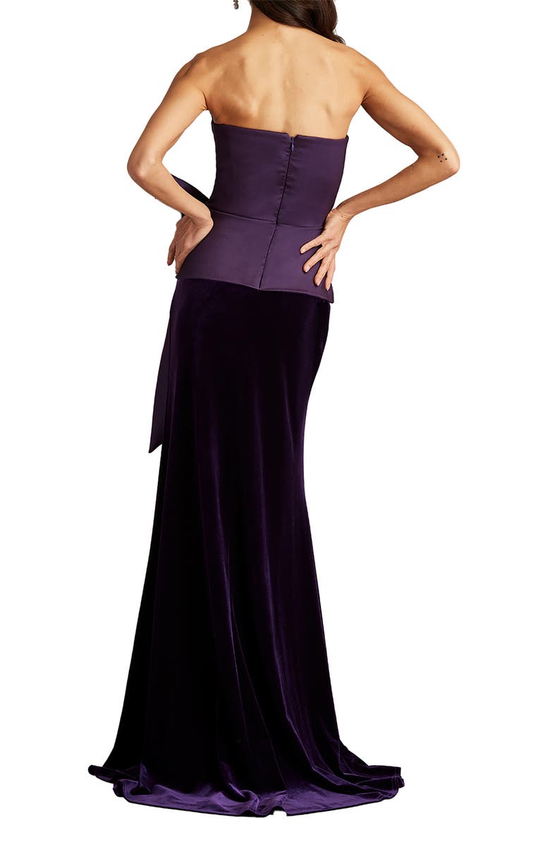 Tadashi Shoji Strapless Bow Detail Mixed Media Velvet Gown, Alternate, color,
