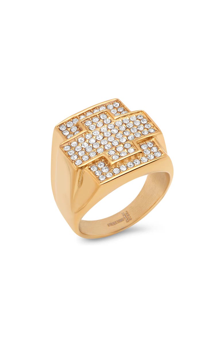 Men's 18k Gold Plated Stainless Steel Crystal Cross Ring, Main, color, GOLD