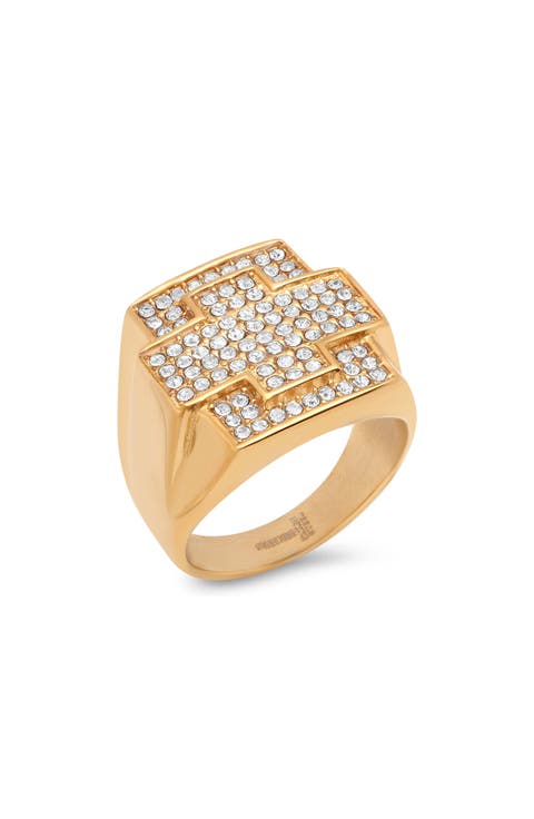 Men's 18k Gold Plated Stainless Steel Crystal Cross Ring