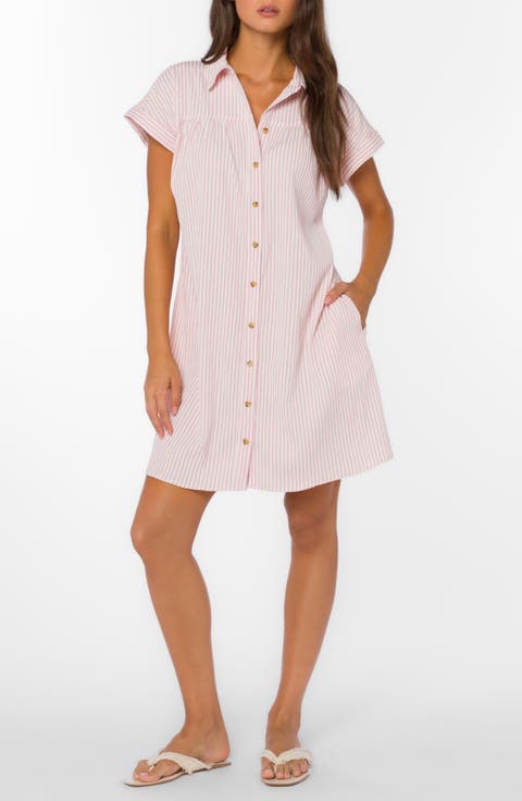 Stripe Short Sleeve Seersucker Mini Shirtdress