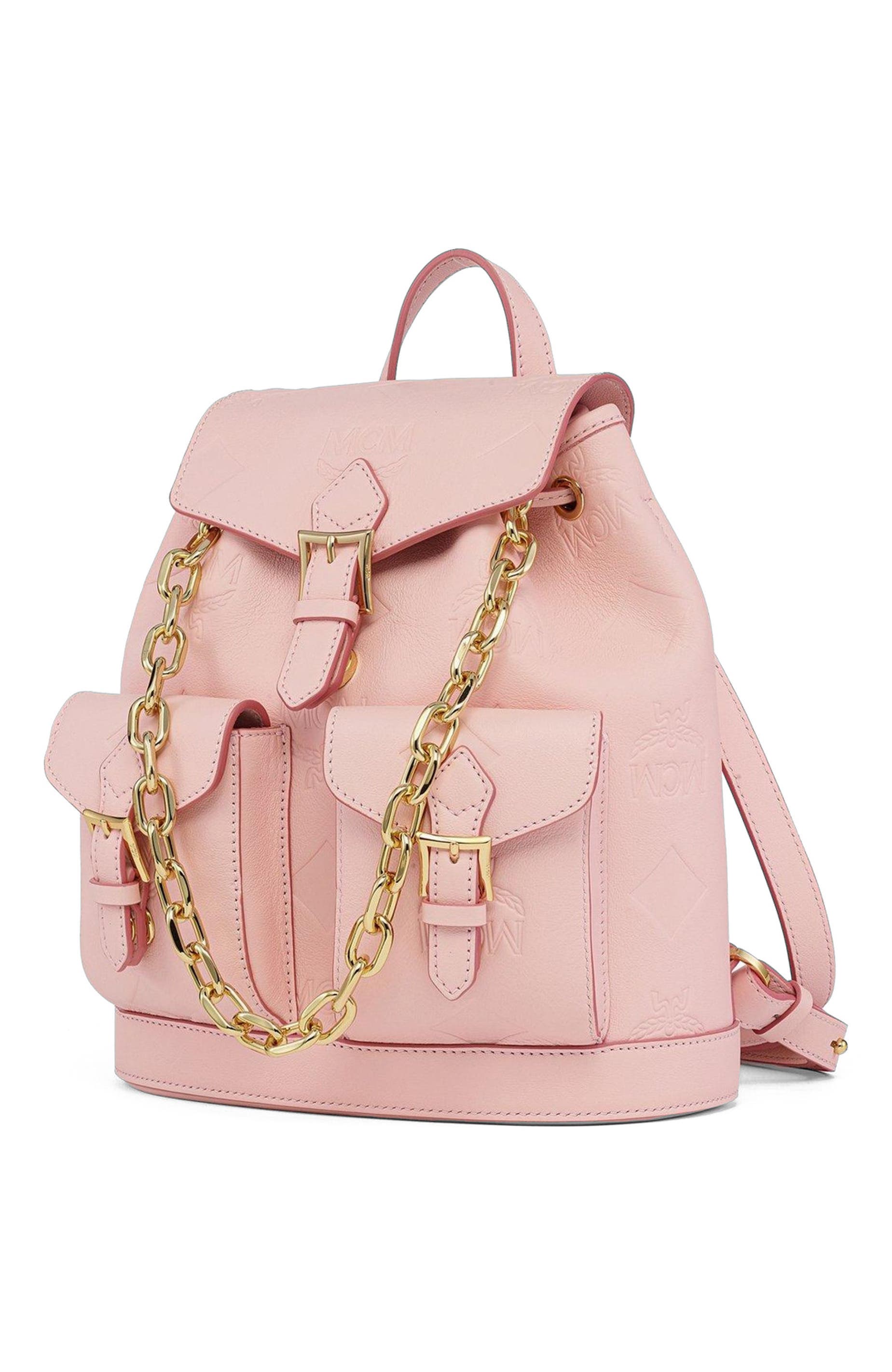 MCM Aren Drawstring Backpack in Maxi Monogram Leather, Alternate, color, Lotus Pink