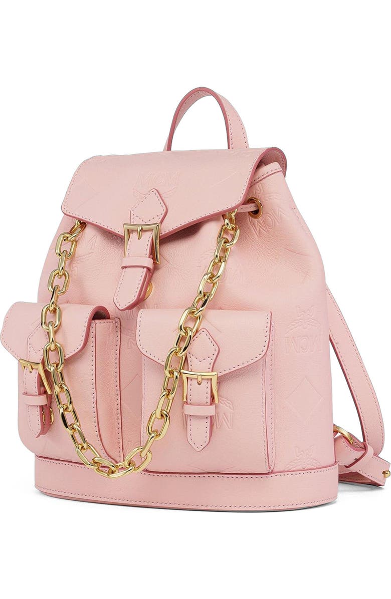 MCM Aren Drawstring Backpack in Maxi Monogram Leather, Alternate, color, Lotus Pink