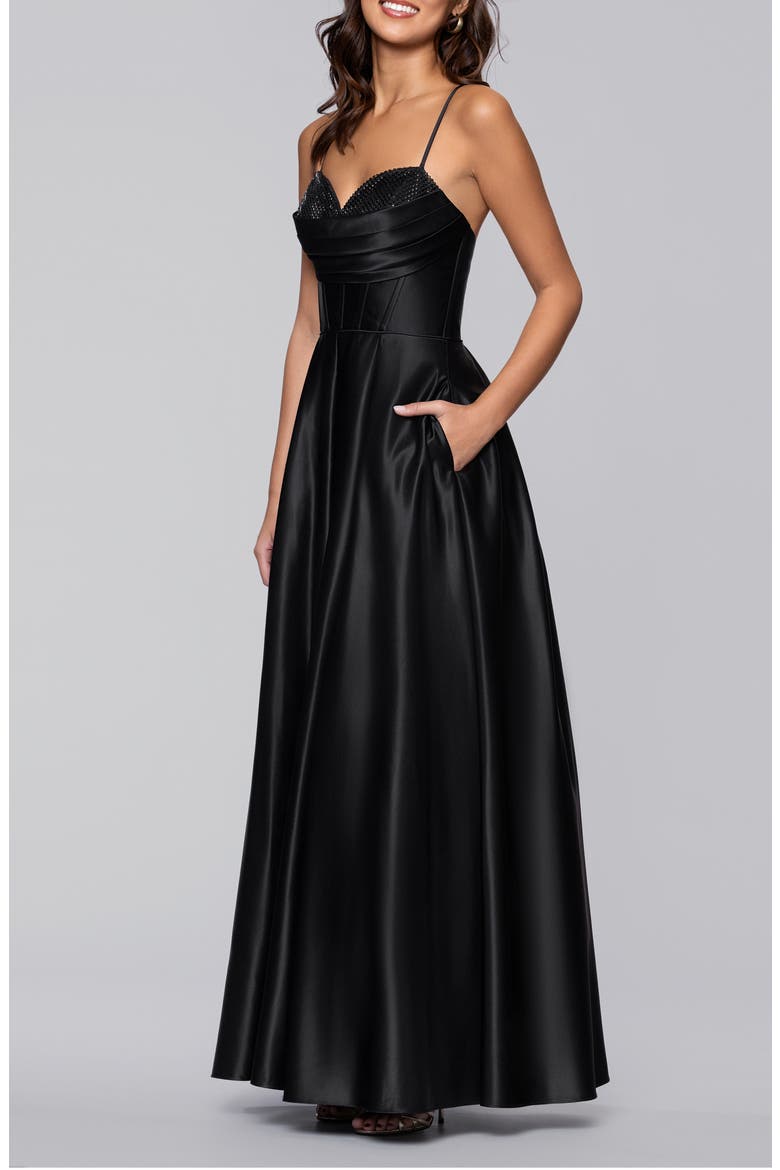 Diamante Lace-Up Ballgown, Alternate, color, BLACK