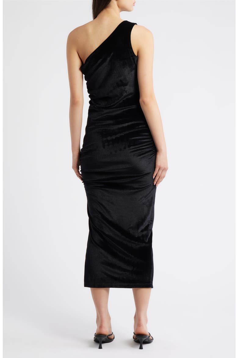 Kathleen Ruched One-Shoulder Velvet Midi Dress, Alternate, color, BLACK