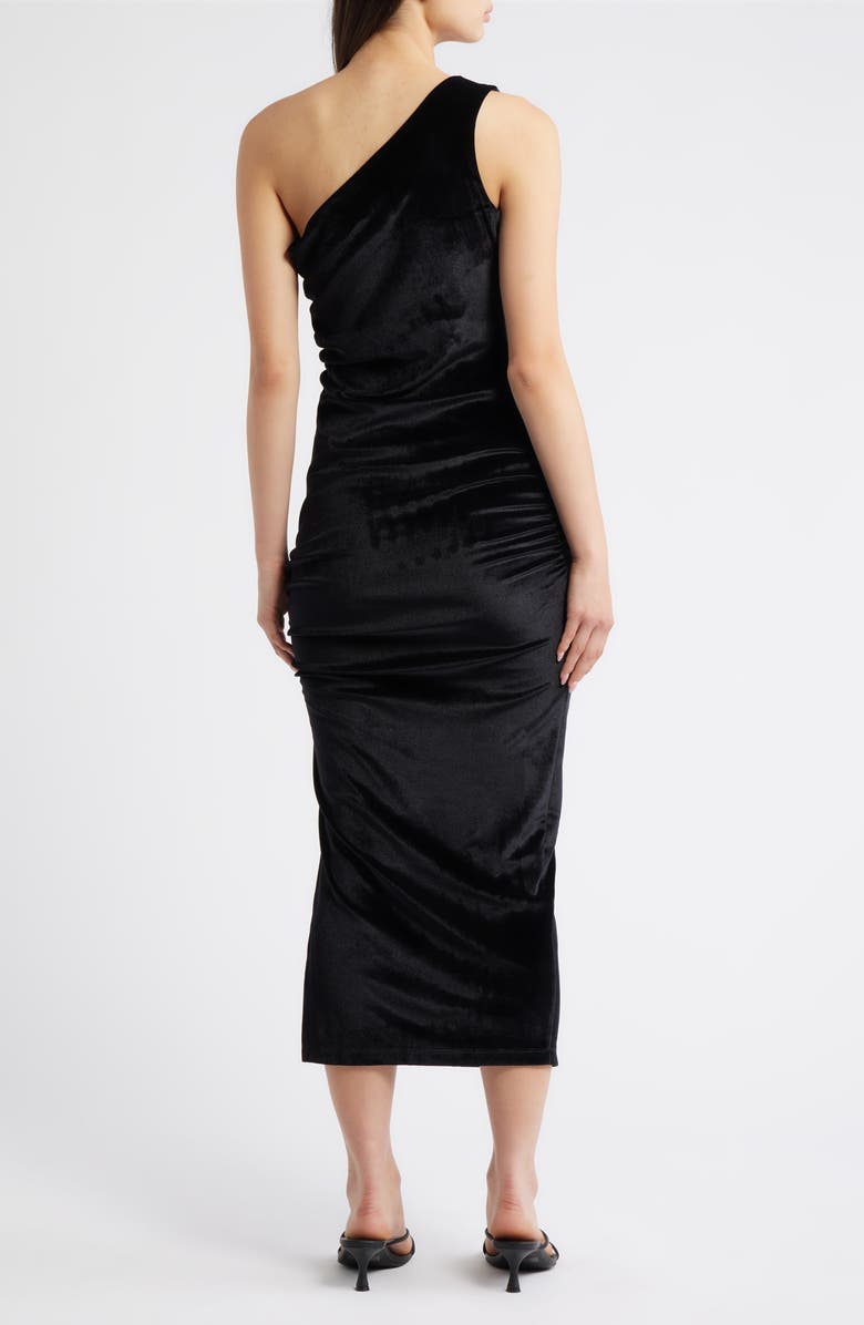 Marcella Kathleen Ruched One-Shoulder Velvet Midi Dress, Alternate, color, Black