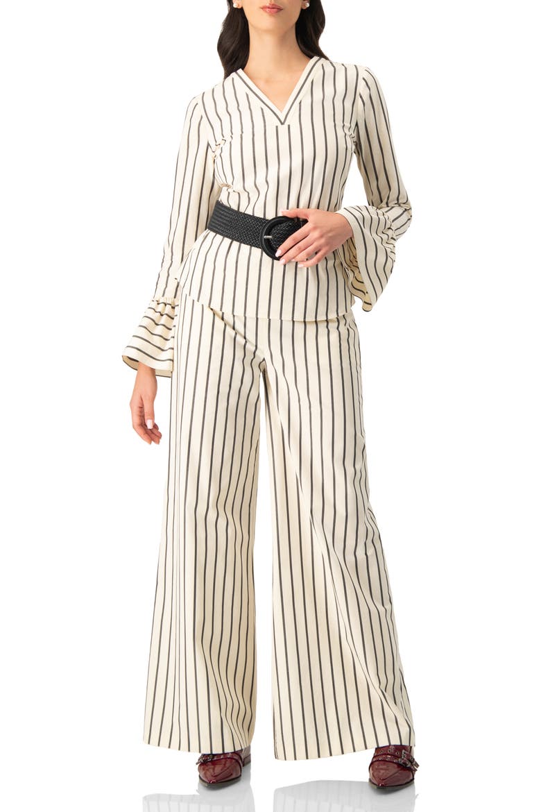 Striped Bow-Belted Wide-Leg Trousers, Alternate, color, Natural