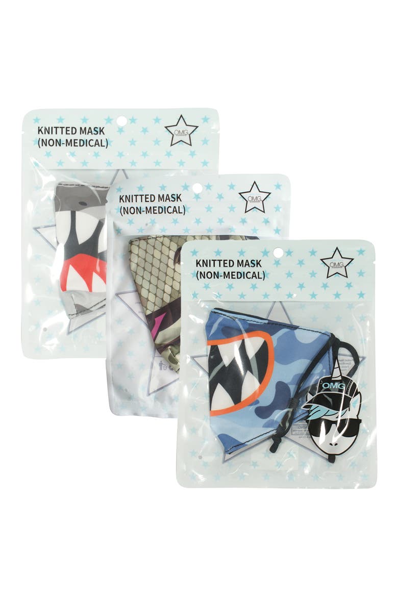 3-Pack Toothy Camo Print Face Masks, Alternate, color, MULTI