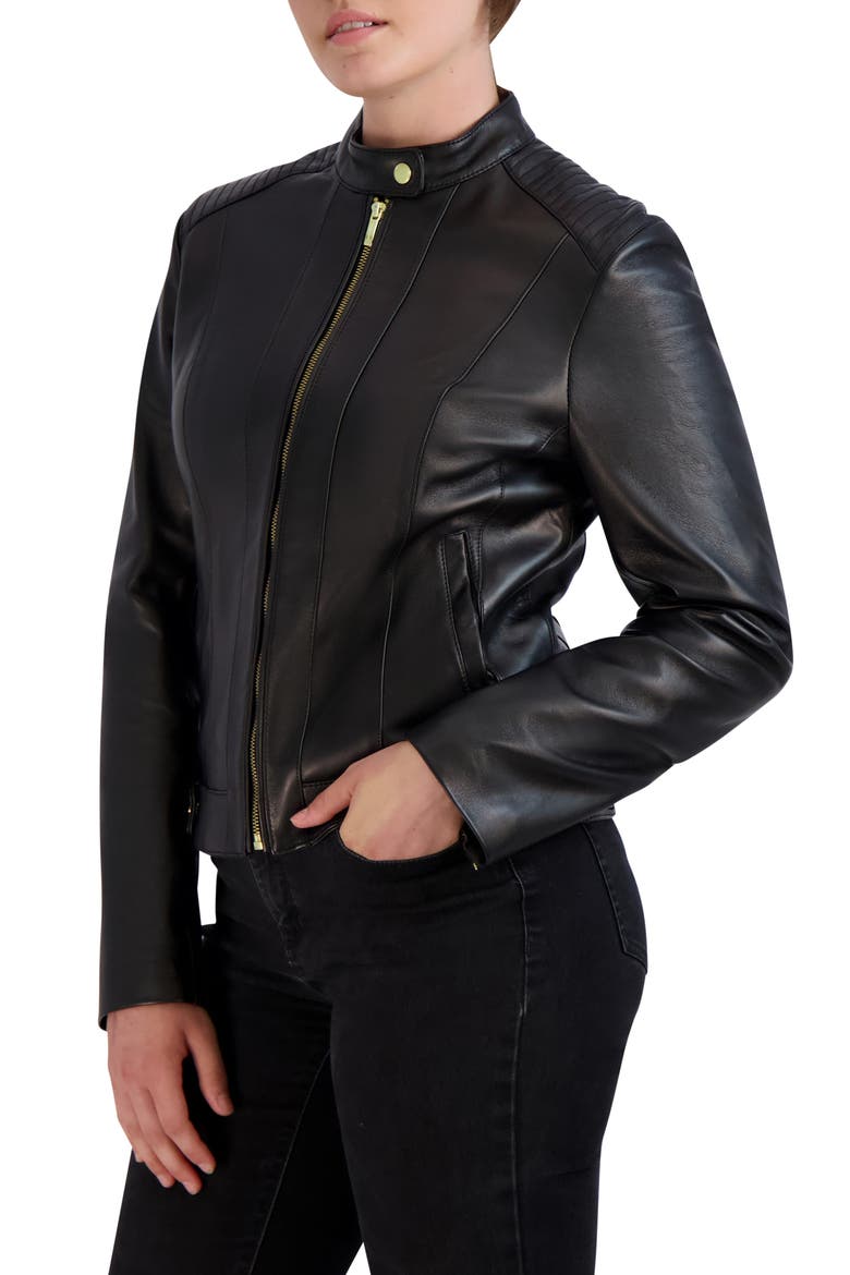Racer Leather Jacket, Alternate, color, BLACK