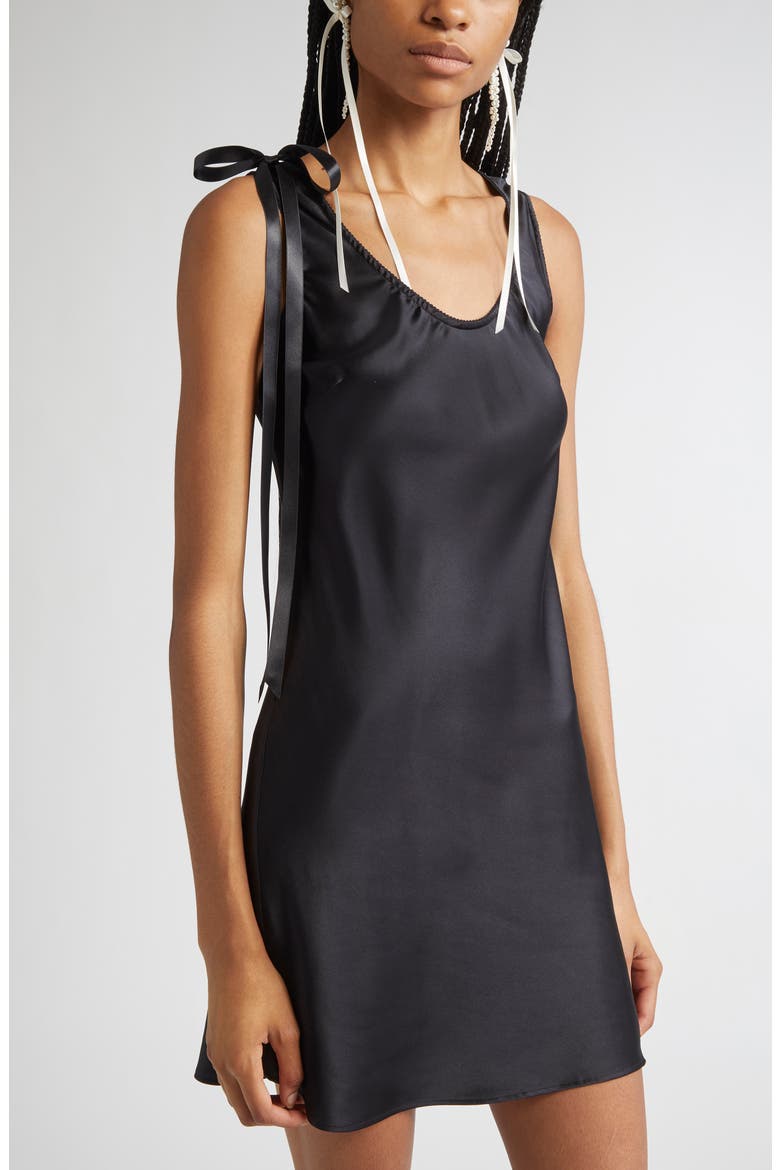Bow Detail Scoop Neck Silk Satin Minidress, Alternate, color, BLACK