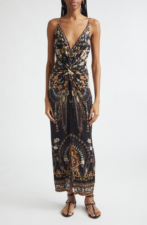 Flamenco Folklore Print Strappy Twist Front Jersey Maxi Dress