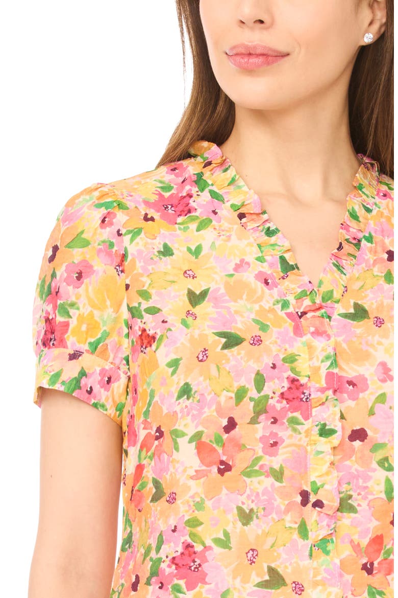 Floral Ruffle Trim Button-Up Top, Alternate, color, CLARET RED/ YELLOW MULTI
