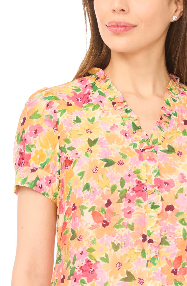 CeCe Floral Ruffle Trim Button-Up Top, Alternate, color, Claret Red/ Yellow Multi