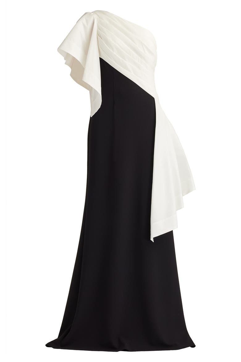 Draped One-Shoulder Mixed Media Gown, Alternate, color, WHITE/ BLACK