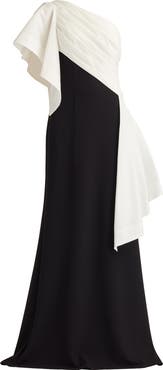 Tadashi Shoji Draped One-Shoulder Mixed Media Gown