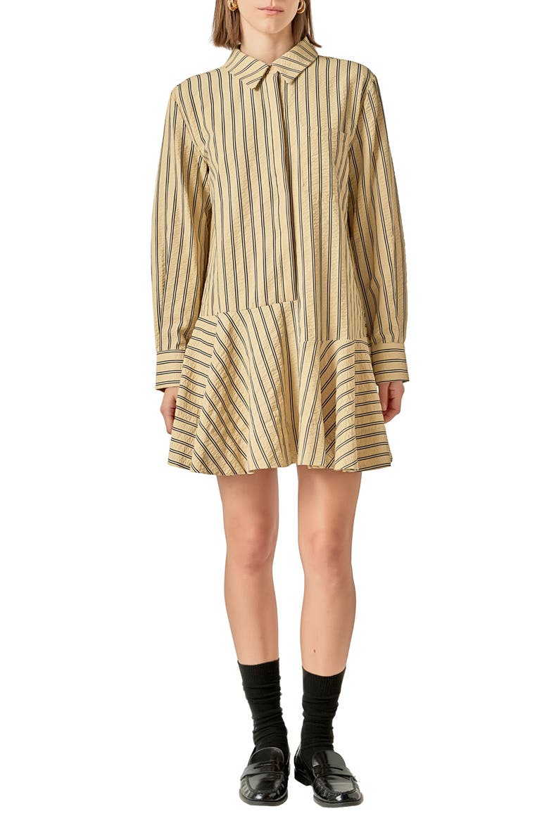 Texture Collar Long Sleeve Mini Shirtdress, Main, color, TAN/ BLACK