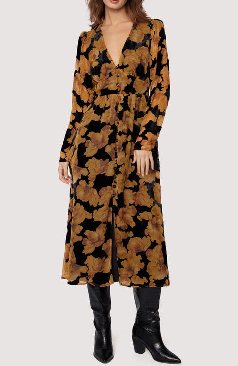 Massimo Floral Long Sleeve Velvet Burnout Shirtdress