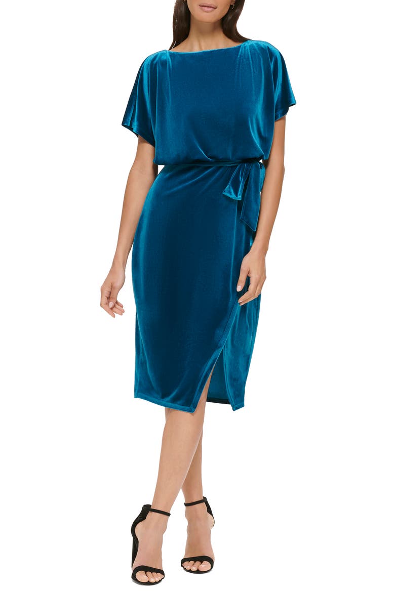 Stretch Velvet Faux Wrap Dress, Main, color, TEAL
