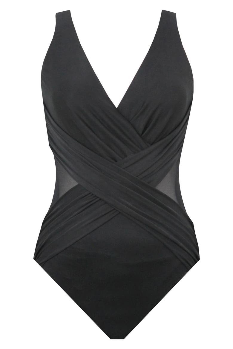 Illusionist Crossover One-Piece Swimsuit, Alternate, color, BLACK