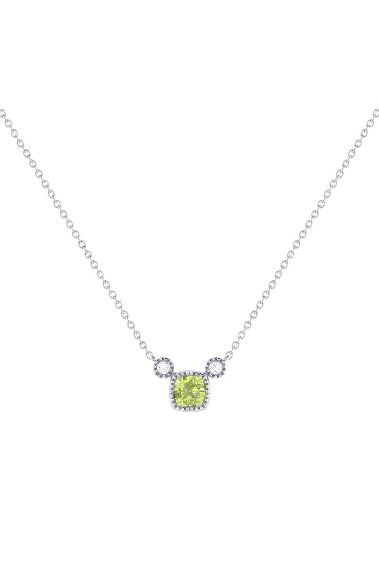LuvMyJewelry Cushion Cut Peridot & Diamond Birthstone Necklace in 14K Gold, Main, color, White Gold