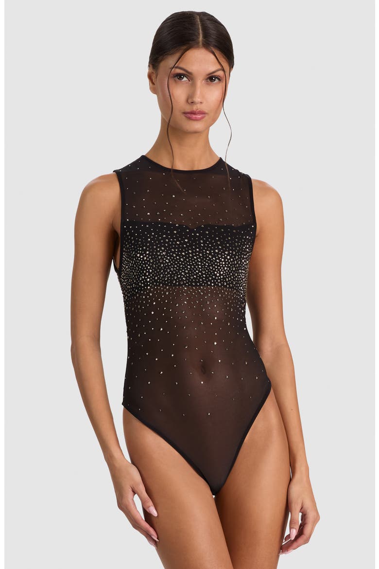 Embellished Bandeau Mesh Bodysuit, Alternate, color, BLACK/ HEMATITE