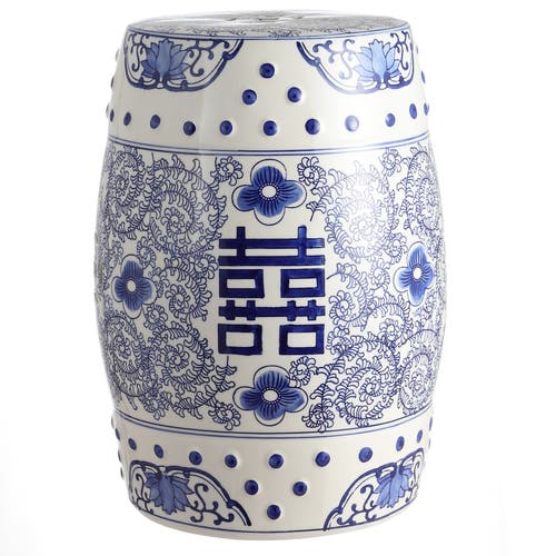 Jonathan Y Double Happiness 18" Chinoiserie Ceramic Drum Garden Stool In Blue/white