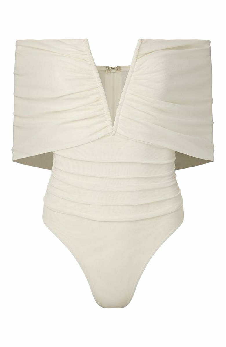 WeWoreWhat Ruched Off Shoulder Bodysuit, Main, color, Ivory