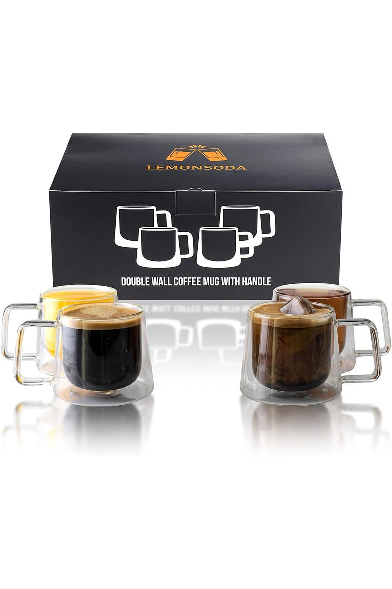 Double Walled Glass Coffee Drink Mug with Handle - 8.5oz - Set of 4, Alternate, color, Clear