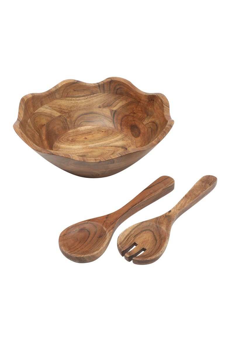 Sandhurst 3-Piece Scalloped Acacia Wood Salad Bowl Set, Alternate, color, Natural