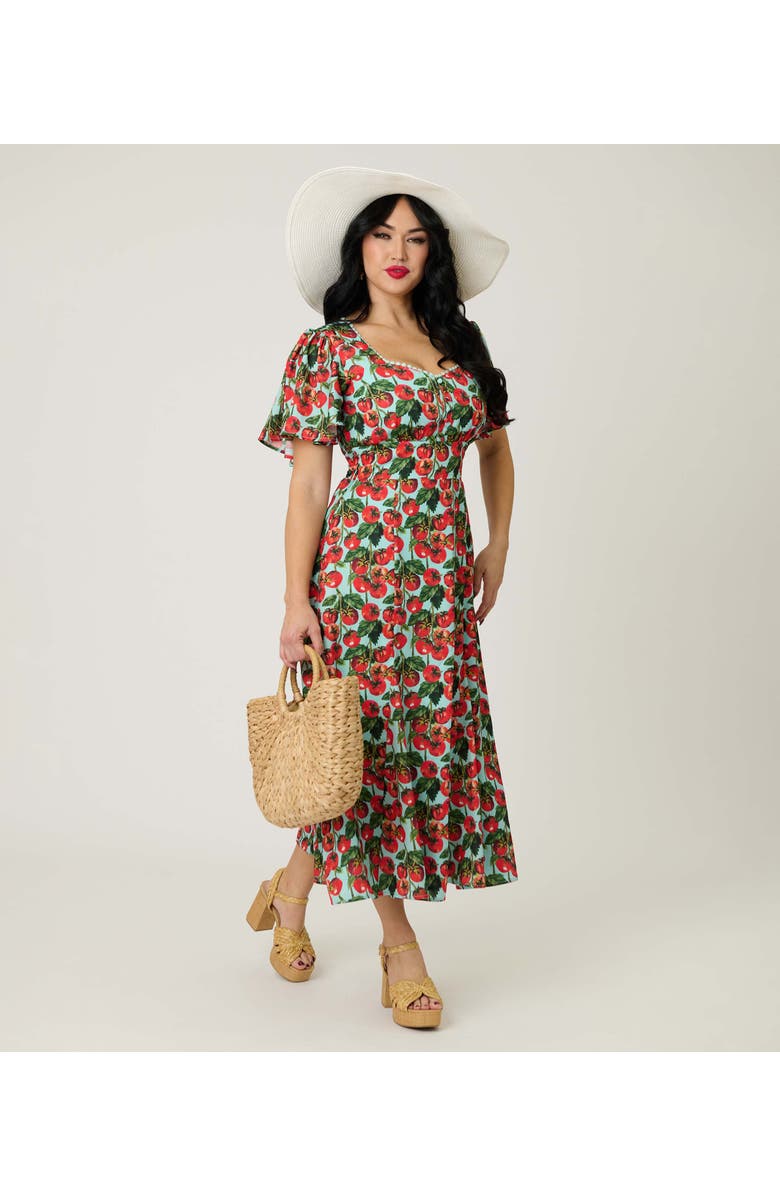 Unique Vintage Short Puff Sleeve Sweetheart Neck Godet Midi Dress, Alternate, color, Blue W/ Tomato Print