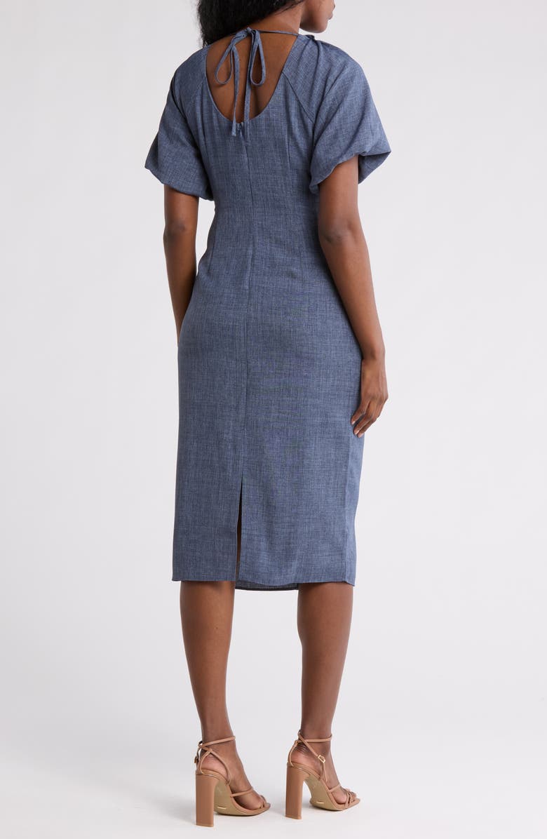 Tahari ASL Ruched Puff Sleeve Body-Con Midi Dress, Alternate, color, 