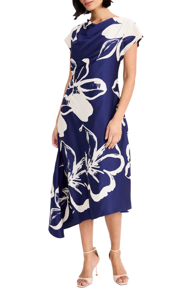 Maggy London Asymmetric Hem Midi Dress, Alternate, color, Navy/ Cream