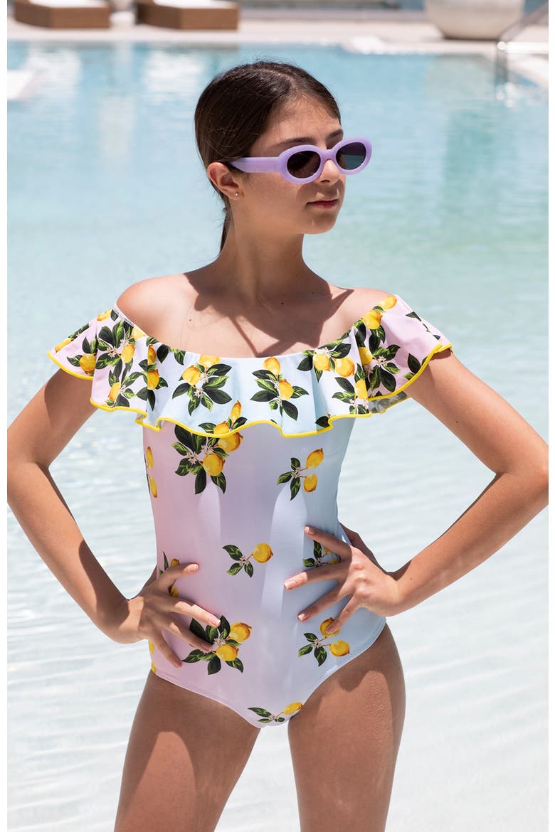 Off Shoulder Multicolor Lemon Print  One-Piece Swimsuit, Little Kid-Big Kid, Alternate, color, Multicolor