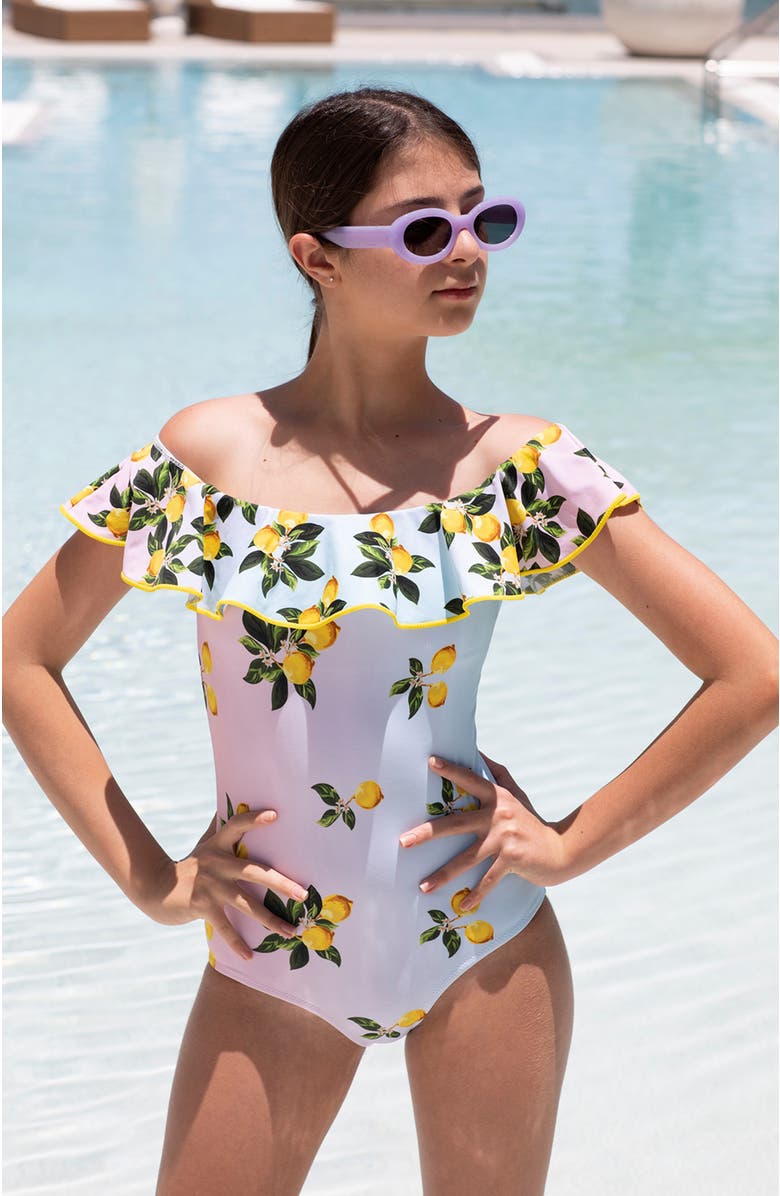 NESSI BYRD Off Shoulder Multicolor Lemon Print One-Piece Swimsuit, Little Kid-Big Kid, Alternate, color, Multicolor